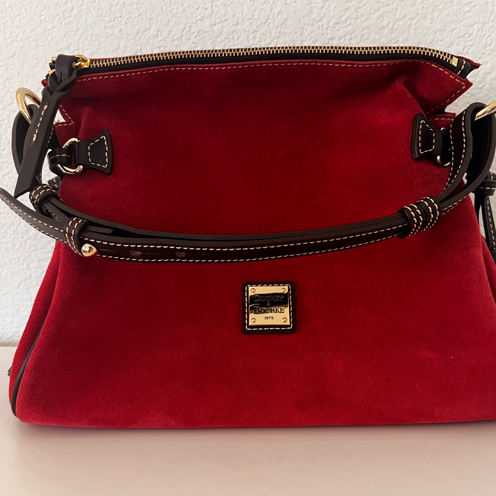 Dooney & Bourke Red Suede Shoulder Bag With Dark Brown Trim